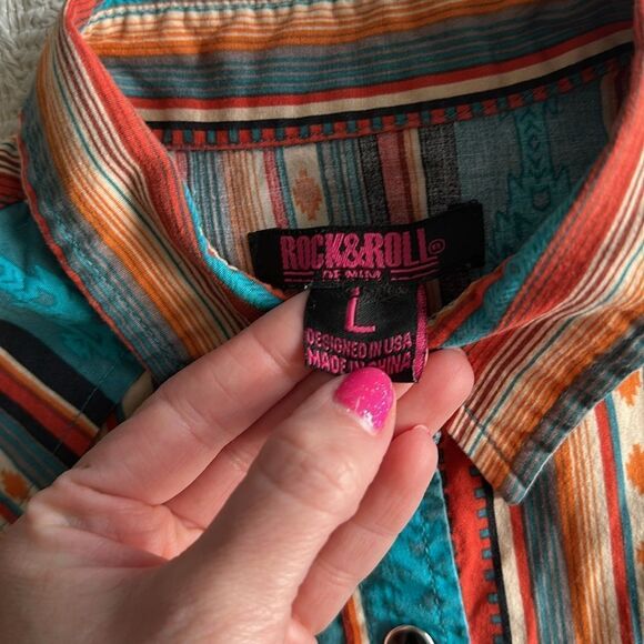 Rock & Roll Cowgirl Orange Striped Western Long Sleeved Button Down Shirt - Picture 5 of 6